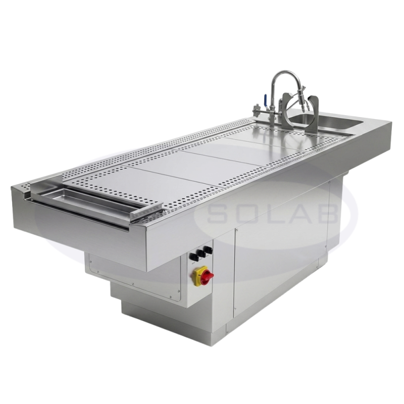 Mesa Necropsia com Suporte Craniano, Triturador, Hidroaspirador, Exaustor e Elevação Automática (SL-399/3)